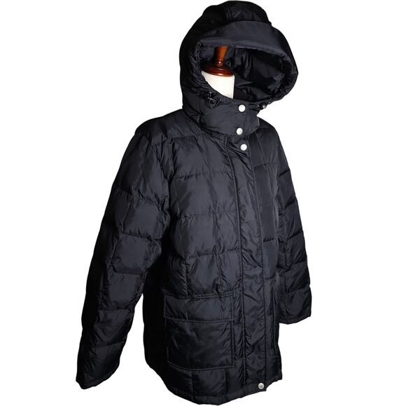 Eddie Bauer Black Goose Down Puffer Chore Coat Quilted Flap Pckts Snaps & Zip LG - Picture 2 of 9